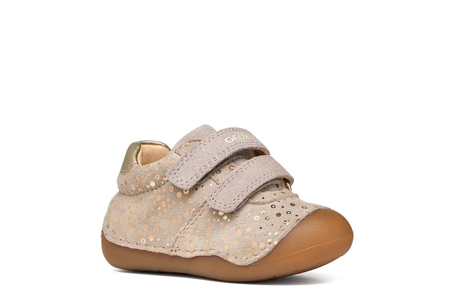 Geox girl's pre-walker in the style Tumtim in light pink with two Velcro straps, rose gold details and a gum sole. Angled right side view