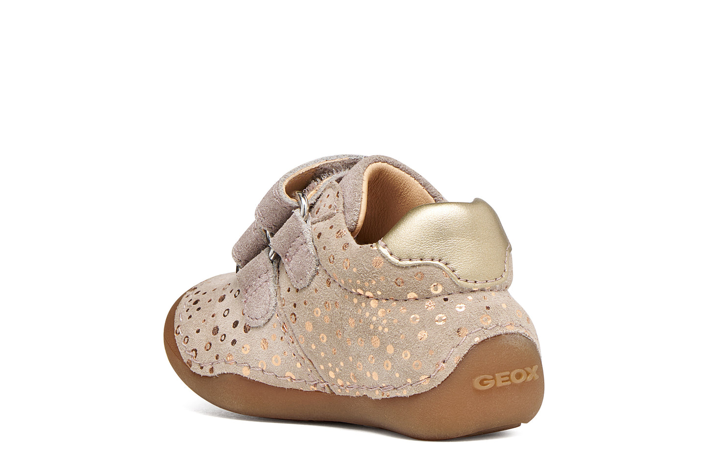 Geox girl's pre-walker in the style Tumtim in light pink with two Velcro straps, rose gold details and a gum sole. Inner right side view.