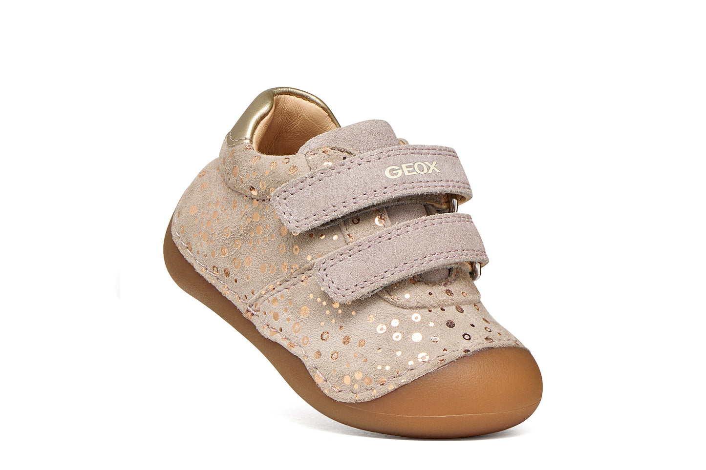 Geox girl's pre-walker in the style Tumtim in light pink with two Velcro straps, rose gold details and a gum sole. Angled right side view.