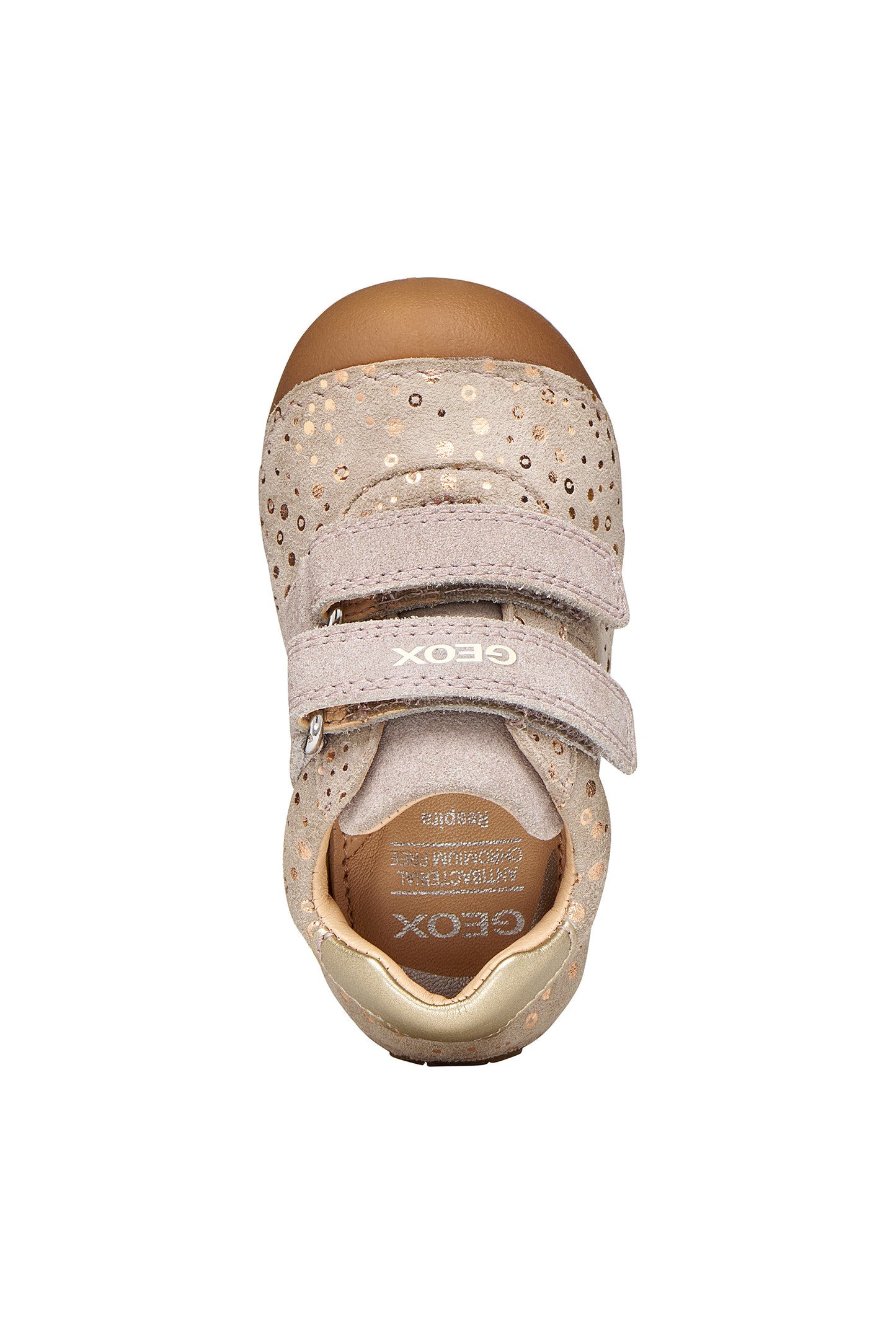 Geox girl's pre-walker in the style Tumtim in light pink with two Velcro straps, rose gold details and a gum sole. Top view.