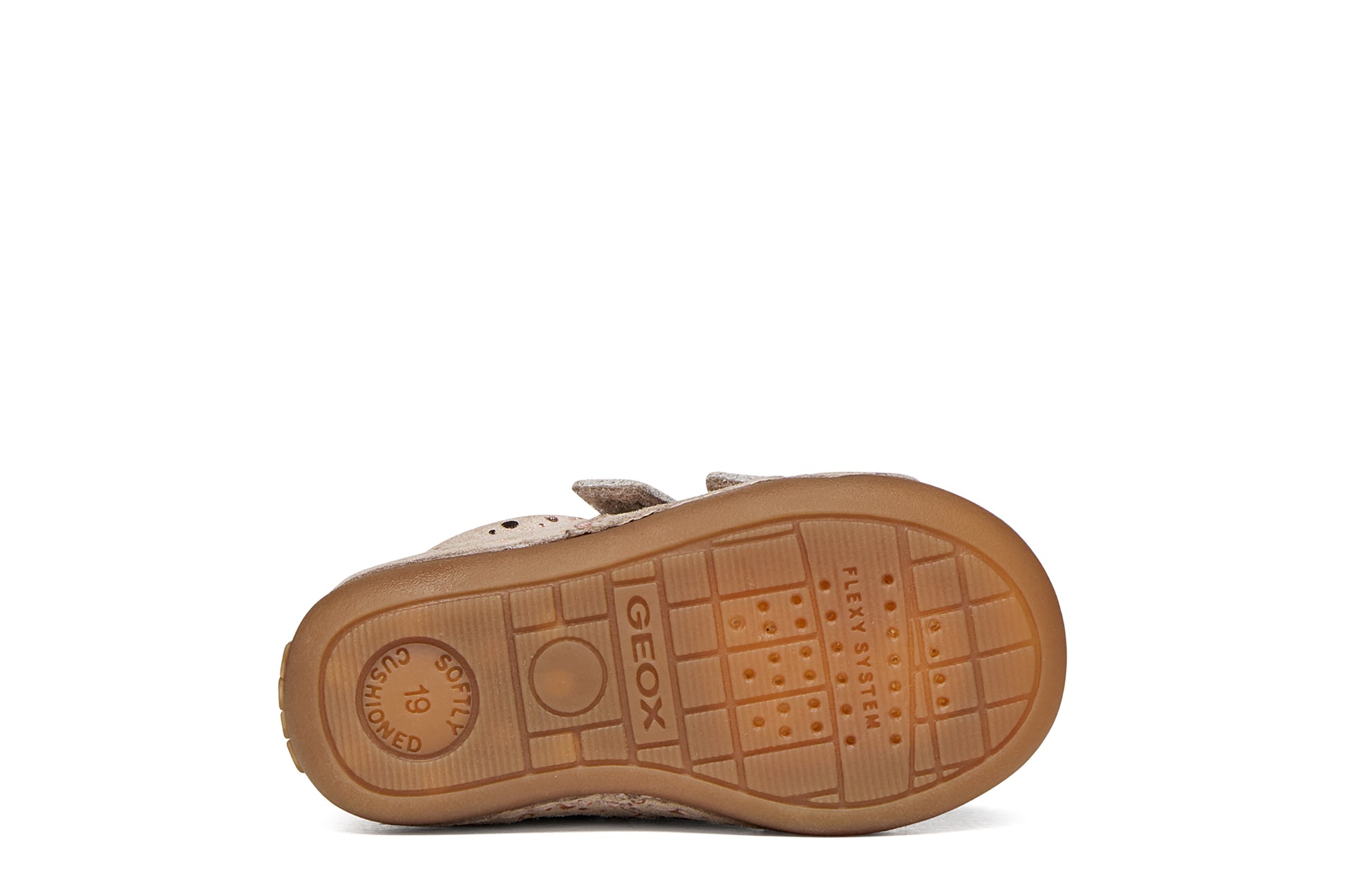 Geox girl's pre-walker in the style Tumtim in light pink with two Velcro straps, rose gold details and a gum sole. View of sole.