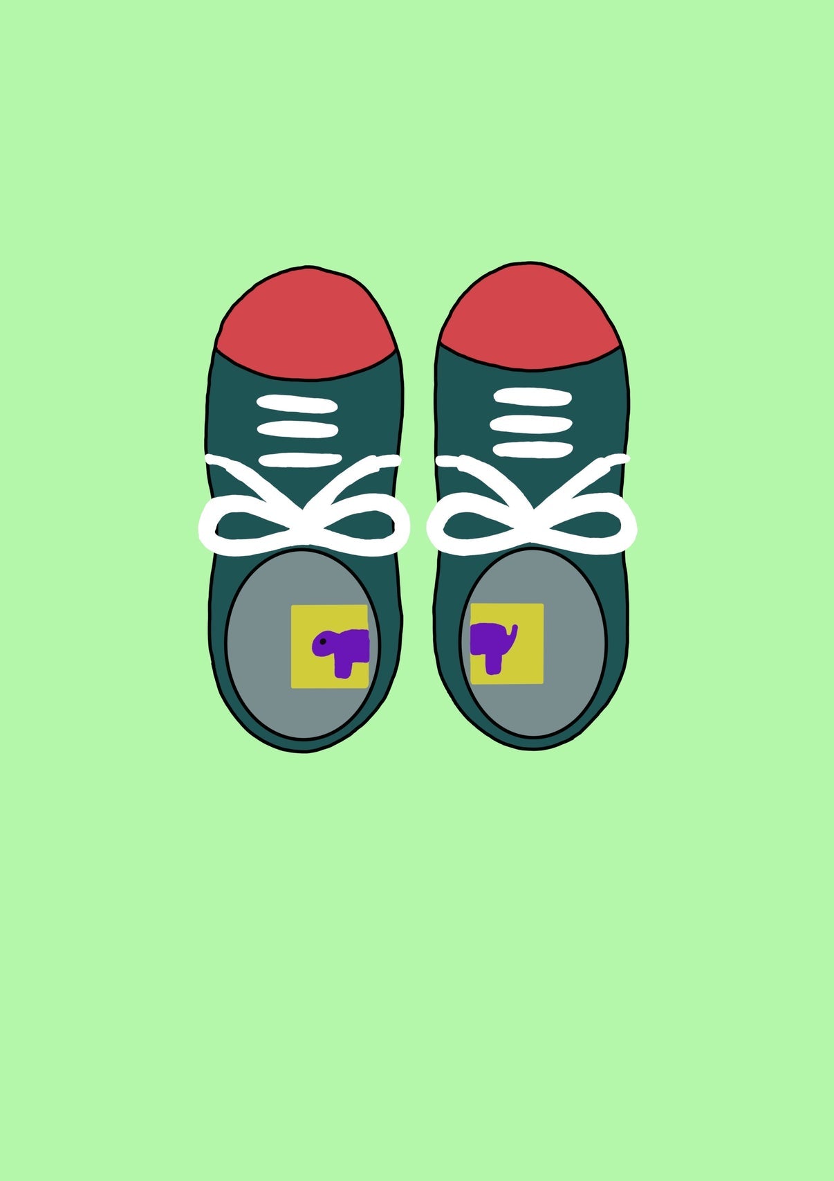 A pair of educational shoe stickers by Animal Pairs, shown in a pair of shoes. Above view.