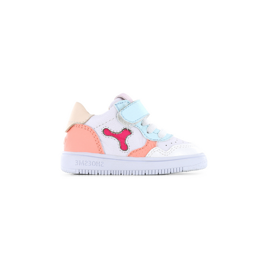 A unisex mid-top trainer by Shoesme, style BN24SO12-G, in white, light blue, coral and neon pink motif on side. single velcro fastening and bungee lace. Right side view.