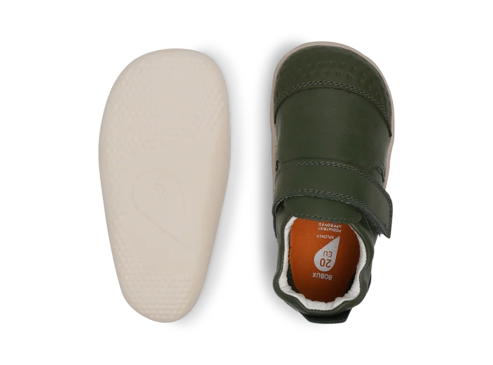 A pre-walker by Bobux, style XP Go, in forest green with velcro strap. Above and sole views. 