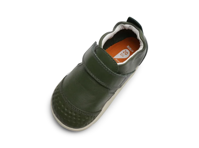 A pre-walker by Bobux, style XP Go, in forest green with velcro strap. Above view.