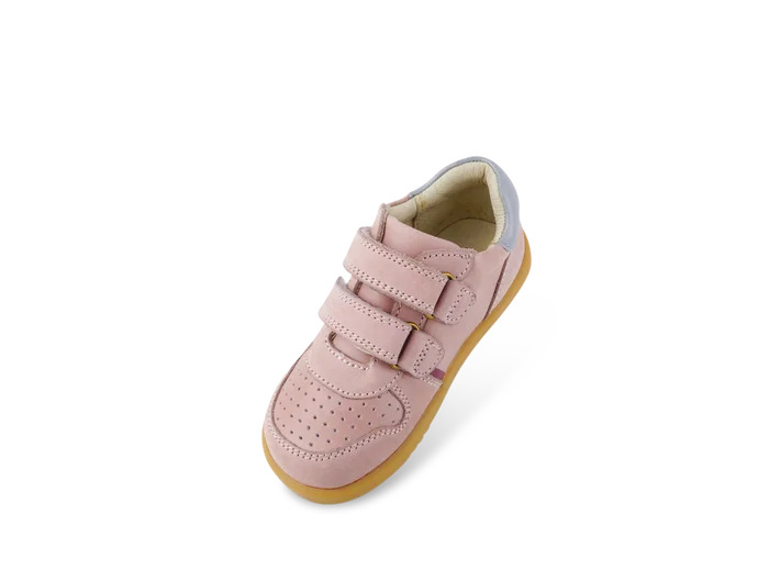 A girls casual full shoe by Bobux, style Riley, double velcro in dusky pink leather and suede. Above view.