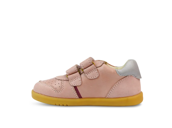 A girls full shoe by Bobux, style Riley, double velcro in dusky pink leather and suede. Inner side view.