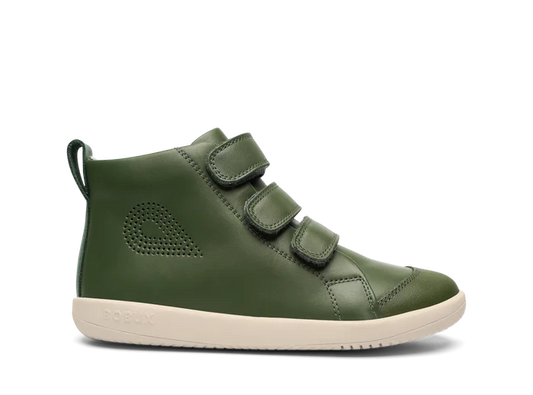 A boys casual boot by Bobux, style Hi-Court, in forest green leather with Three velcro straps on a white sole. Side view.