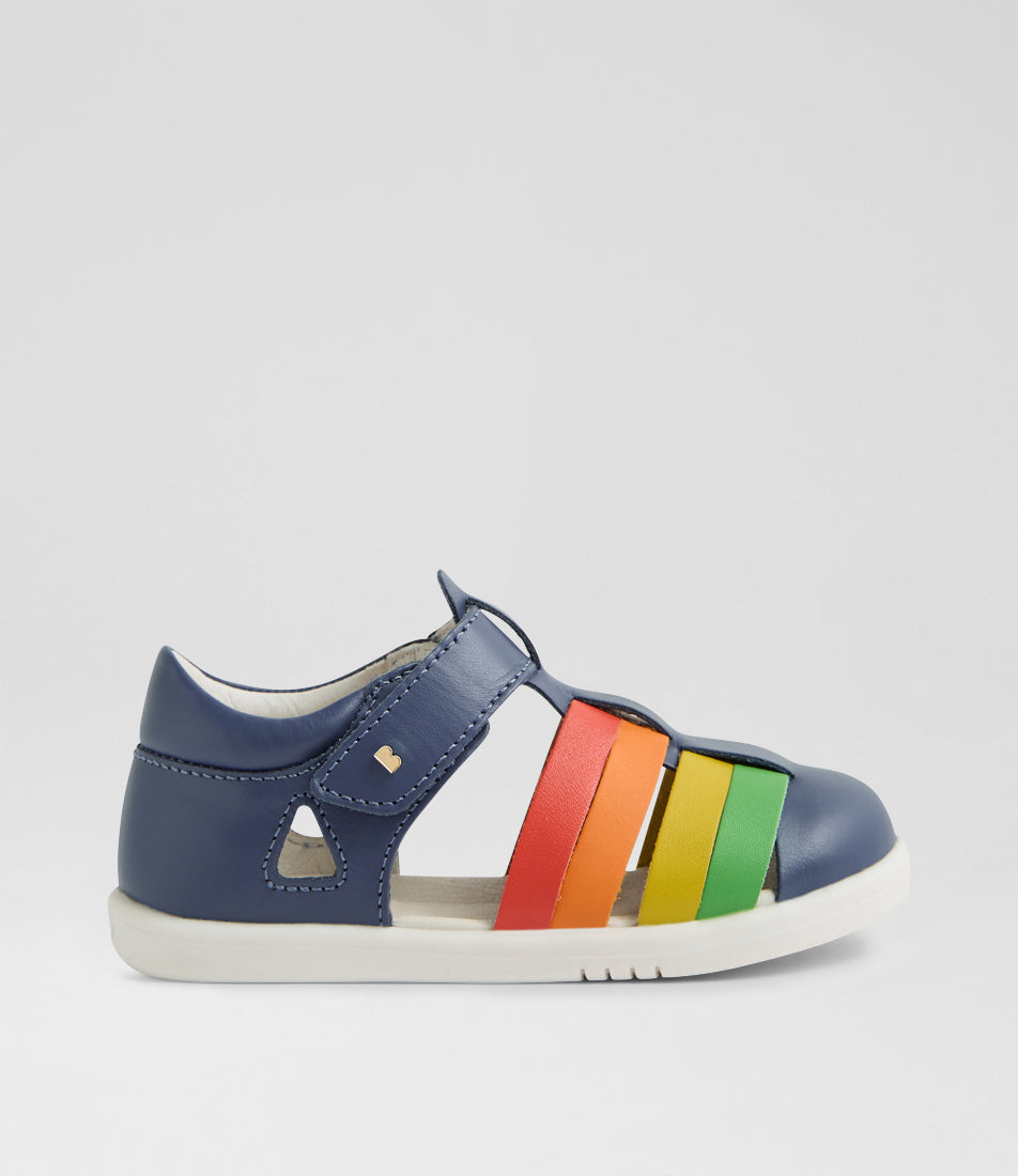 A unisex sandal by Bobux, style Tidal, in Vintage Indigo with velcro strap and rainbow coloured design. Right side view 