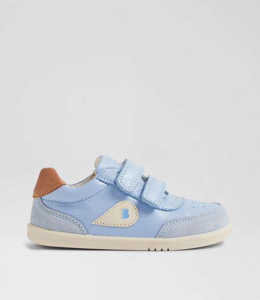 A unisex casual shoe by Bobux, style Champ (Step Up) in Skyway with two velcro stras, brown back ankle detail amd white sole. Right side view