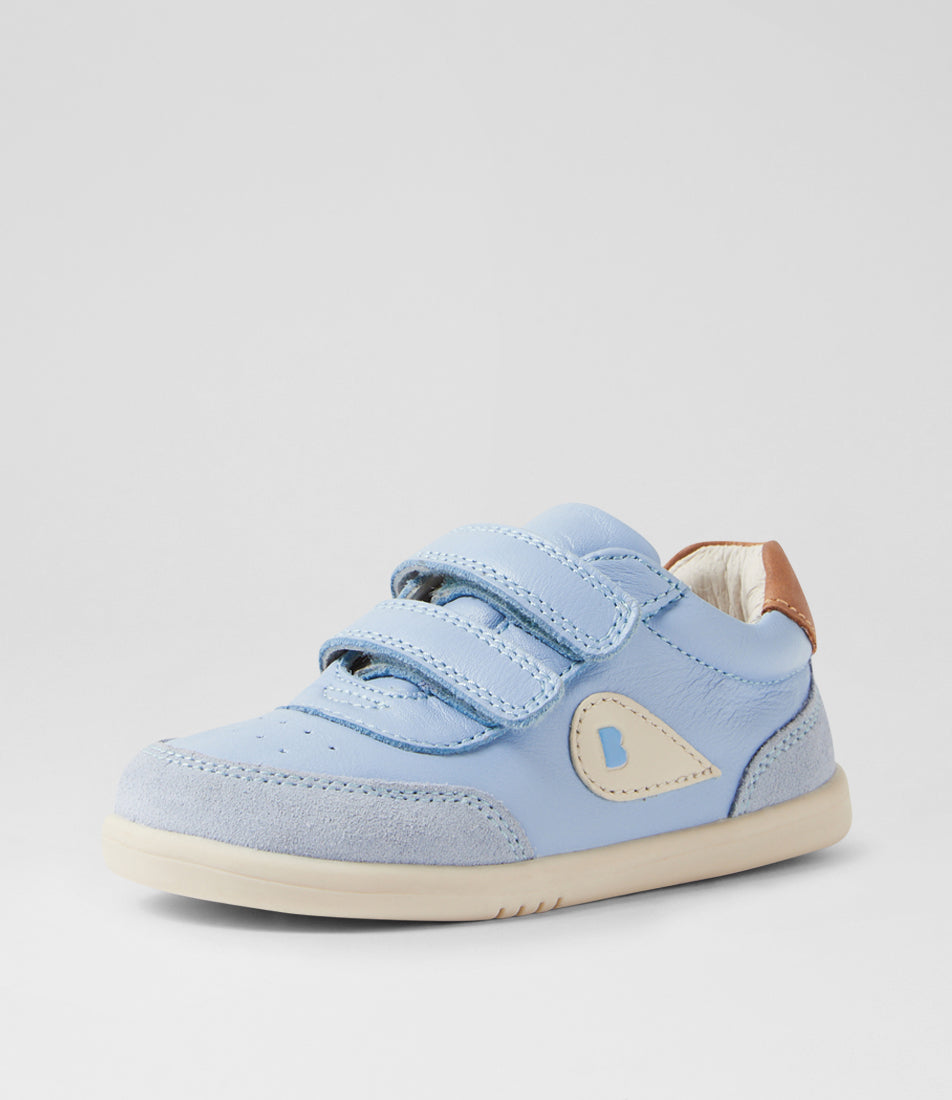 A unisex casual shoe by Bobux, style Champ (I-Walk) in Skyway with two velcro stras, brown back ankle detail amd white sole. Angled front view