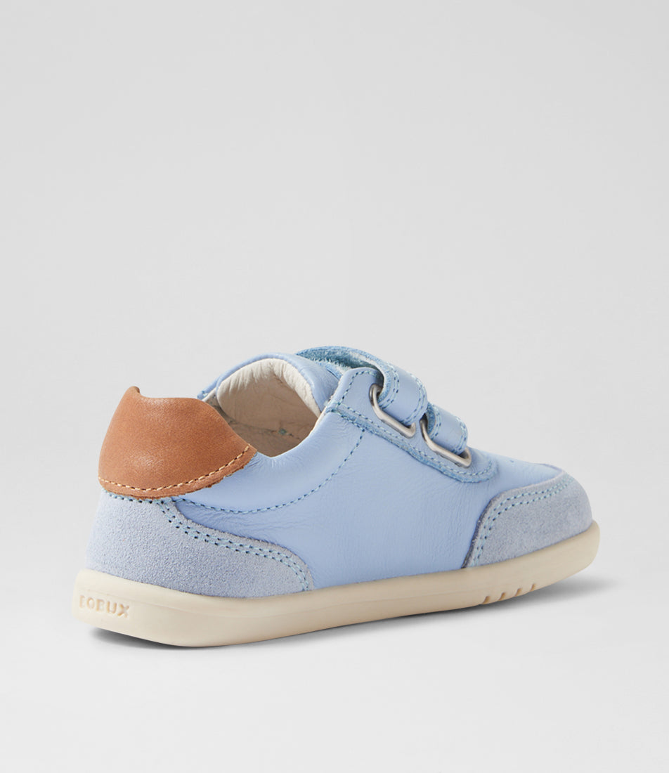 A unisex casual shoe by Bobux, style Champ (Step Up) in Skyway with two velcro straps, brown back ankle detail and white sole. Back view