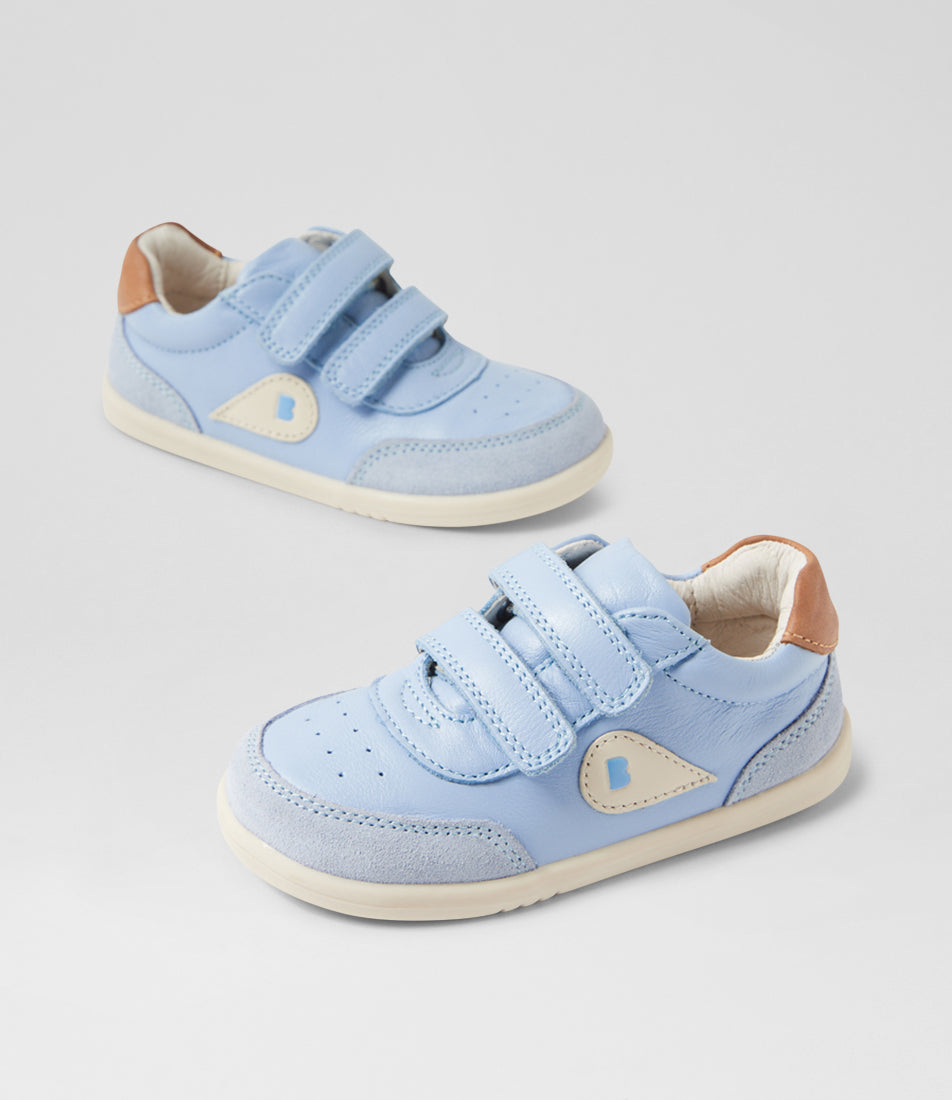 A unisex casual shoe by Bobux, style Champ (I-Walk) in Skyway with two velcro stras, brown back ankle detail amd white sole. View of pair