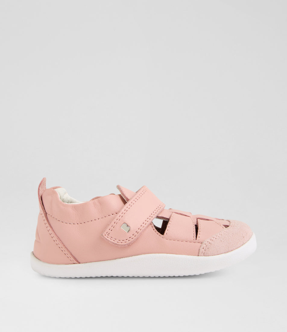 A girls pre-walker shoe, style Maris in pink. Sandal style with velcro strap and elasticated ankle. RIght side view