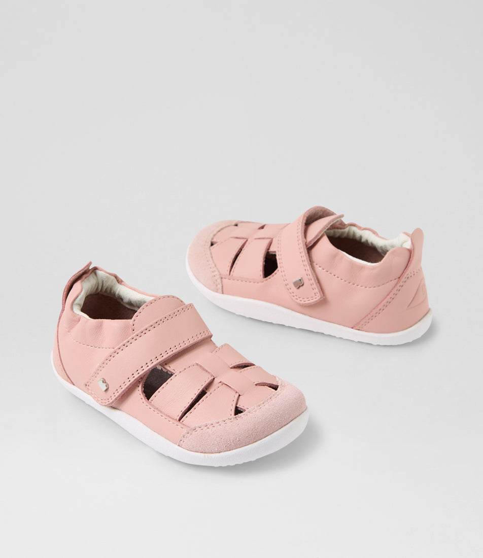 A girls pre-walker shoe, style Maris in pink. Sandal style with velcro strap and elasticated ankle. View of pair