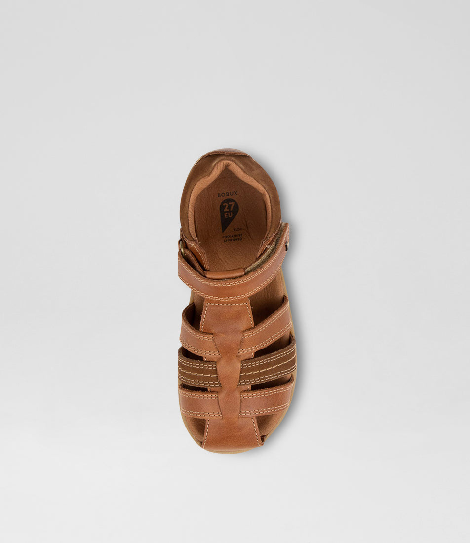 A unisex sandal by Bobux, style Roam in Caramel with velcro strap. Top view