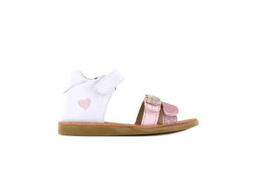 A girls open toe closed back sandal by Shoesme, style CS23S007-C, in white and rose gold with rose gold heart detail to the right side and flower detail to one of the straps. Velcro fastening. Right side view.
