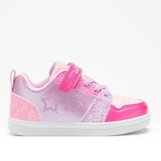 A girls trainer by Lelli Kelly, style LKAA4008, in pink glitter multi with embroidered star detail. Faux laces and velcro fastening.Right side view.