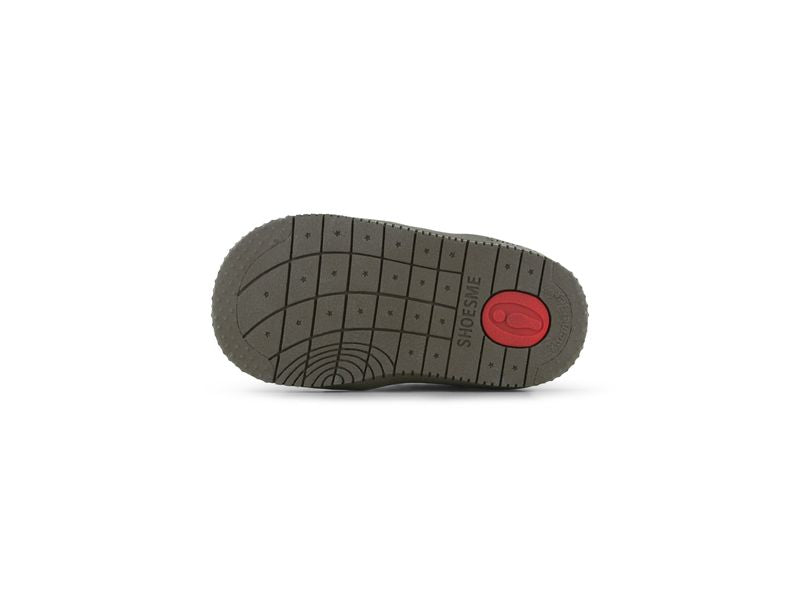 Shoesme Low Top Trainer in black white and beige with double Velcro strap and dark brown sole. View of sole. 