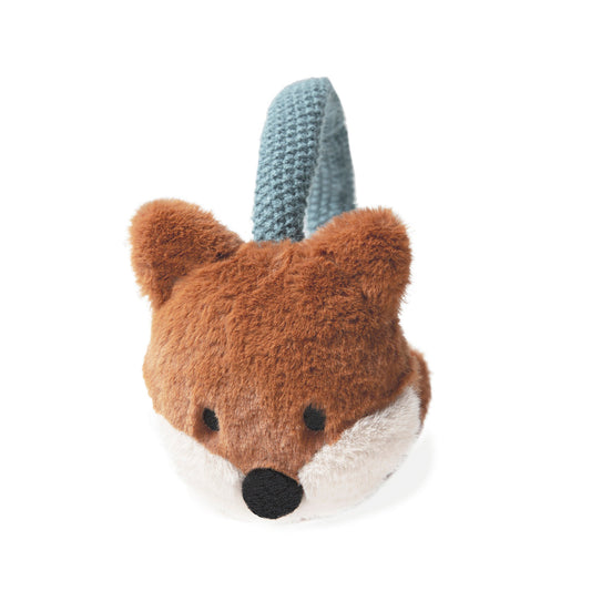 A pair of earmuffs by Rockahula, style Felix Fox, in knitted green and furry fox design. Right side view.