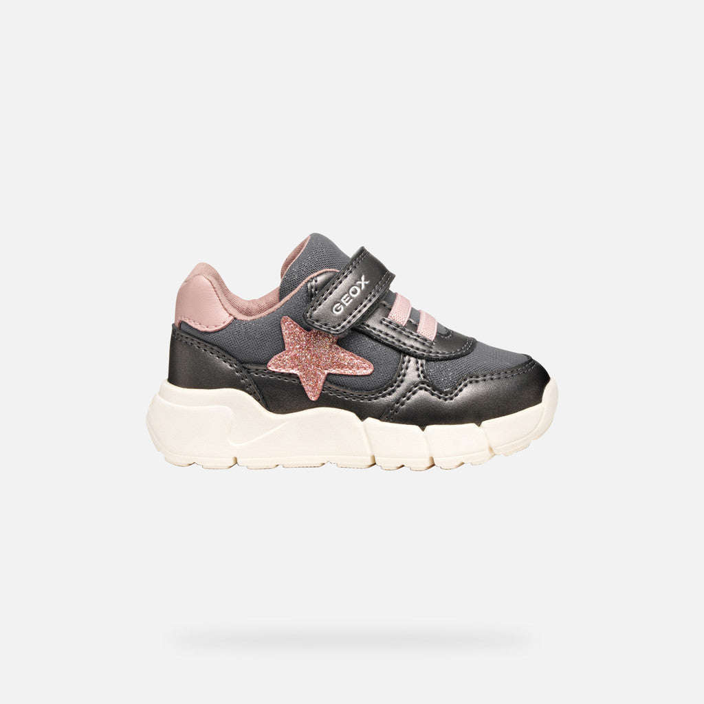 A girls casual trainer by Geox, style B Flexyper Mini B566NB, in grey with pink glitter star to side and pink trim. Velcro fastening. Right side view.
