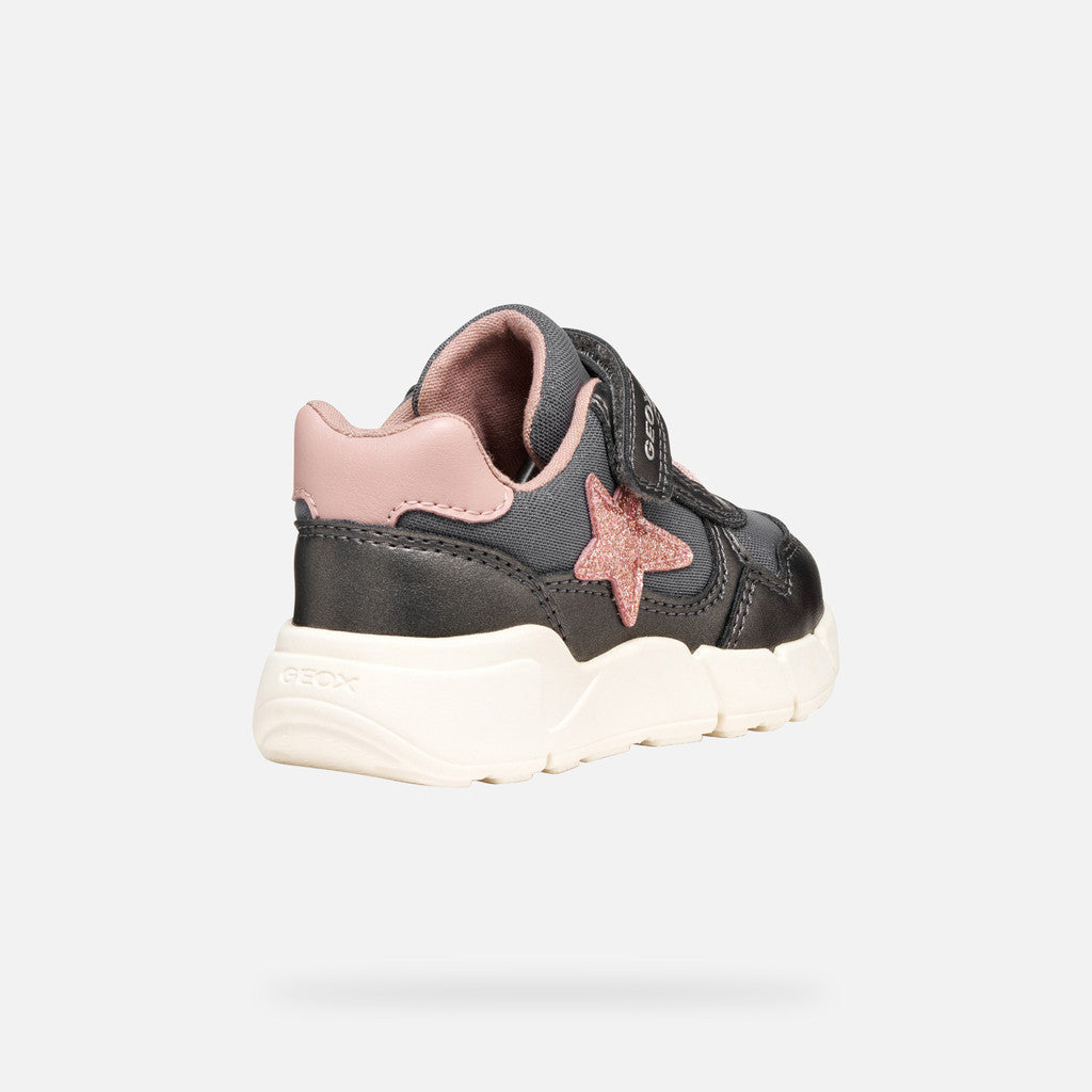 A girls casual trainer by Geox, style B Flexyper Mini B566NB, in grey with pink glitter star to side and pink trim. Velcro fastening. Angled right side view.