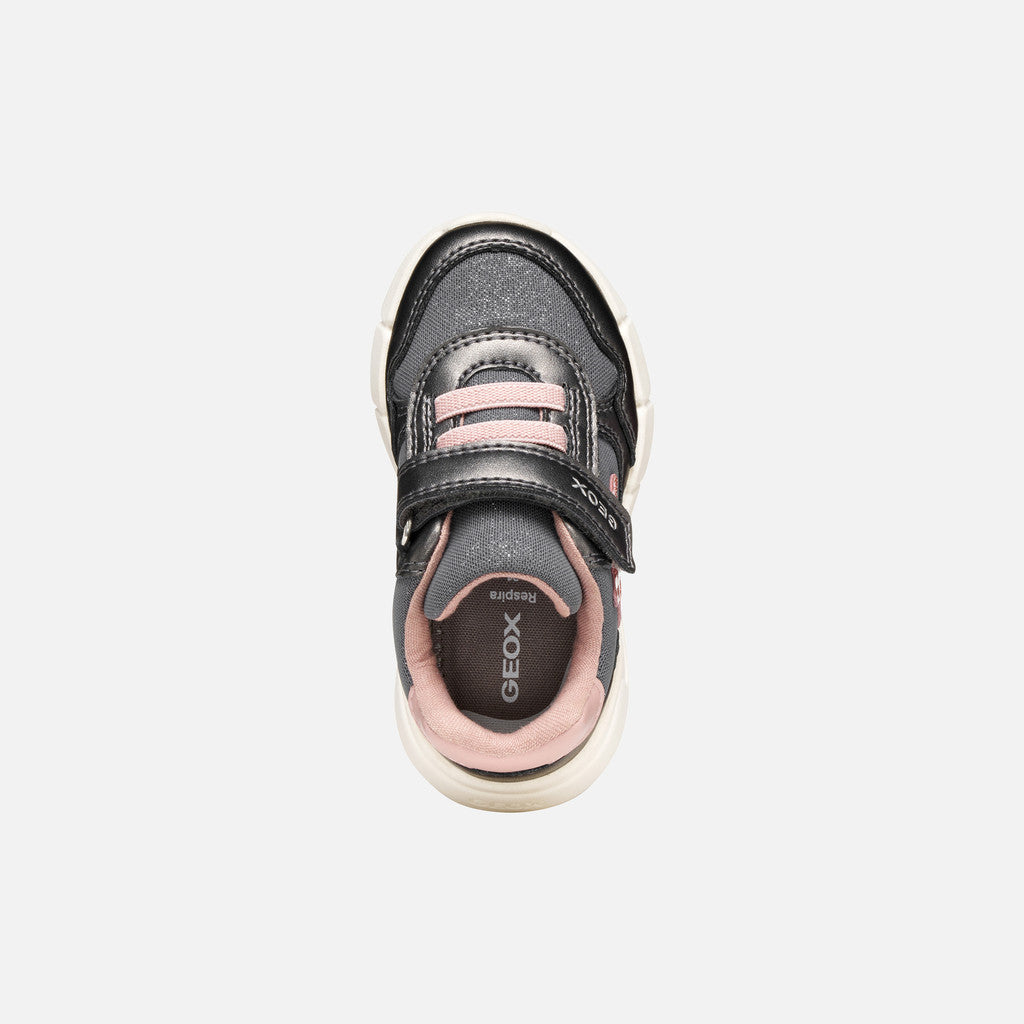 A girls casual trainer by Geox, style B Flexyper Mini B566NB, in grey with pink glitter star to side and pink trim. Velcro fastening. Above view.