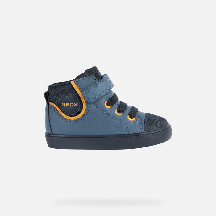 A boys Hi-top, by Geox, style B Gisli B, in blue with yellow eyelets and heel trim, velcro fastening/ bungee laces and rubber toe bumper. Right side view.