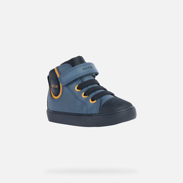 A boys Hi-top by Geox, style B Gisli B, in blue with yellow eyelets and heel trim, velcro/ bungee lace fastening with rubber toe bumper.