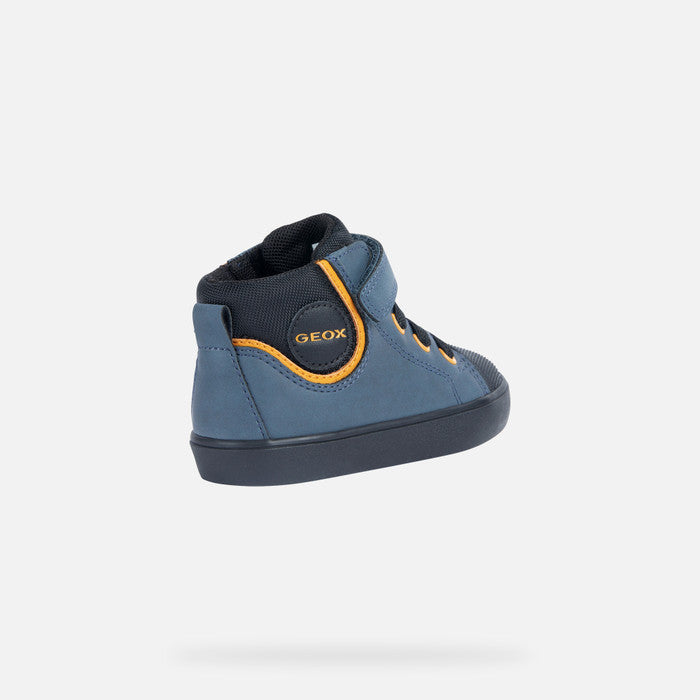 A boys Hi-Top by Geox, style B Gisli B, in blue with yellow eyelets and heel trim, velcro with bungee laces and a rubber toe. Rear angled view,