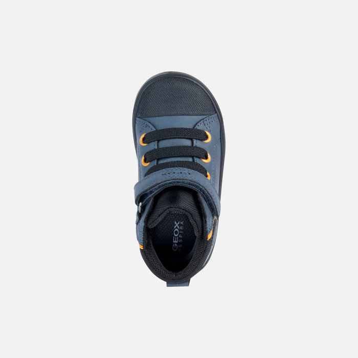 A boys Hi-top by Geox, style B Gisli B, in blue with yellow eyelets and heel trim. Velcro/ bungee lace fastening with rubber toe bumper. Above view.