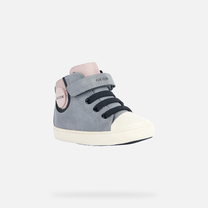 A girls Hi-top by Geox, style B Gisli G, in grey with pink collar and tongue. Velcro/ bungee lace fastening with cream rubber toe bumper and sole. Angled view.
