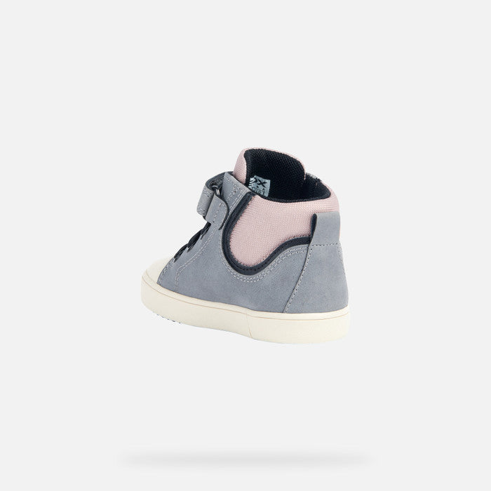 A girls Hi-top by Geox, style B Gisli G, in grey with pink collar and tongue. Velcro/ bungee lace fastening with cream rubber toe and sole. Inner side angled view.