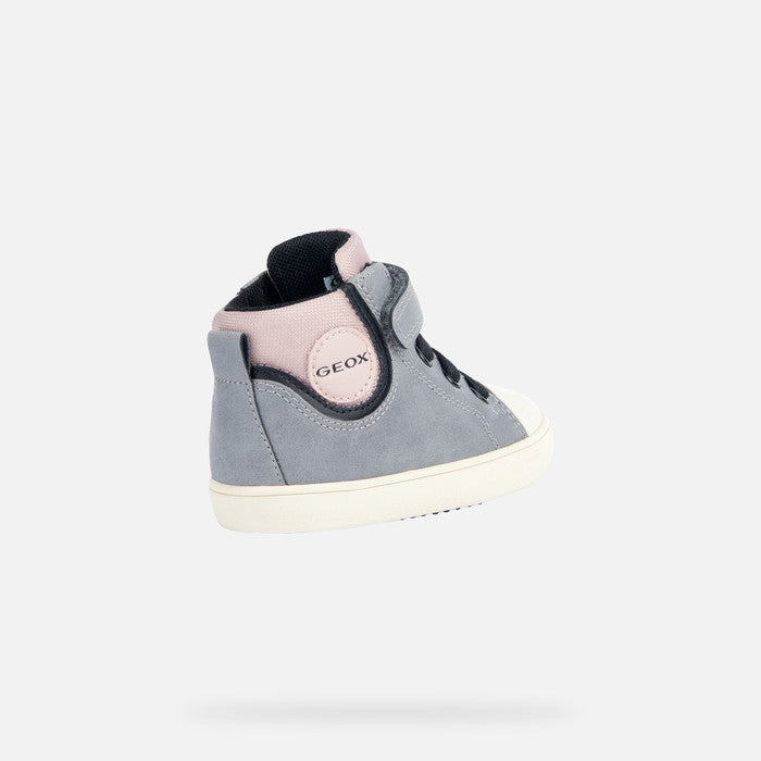 A girls Hi-top by Geox, style B Gisli G, in grey with pink collar and tongue. Velcro/ bungee lace fastening and cream rubber toe and sole. Rear angled view.