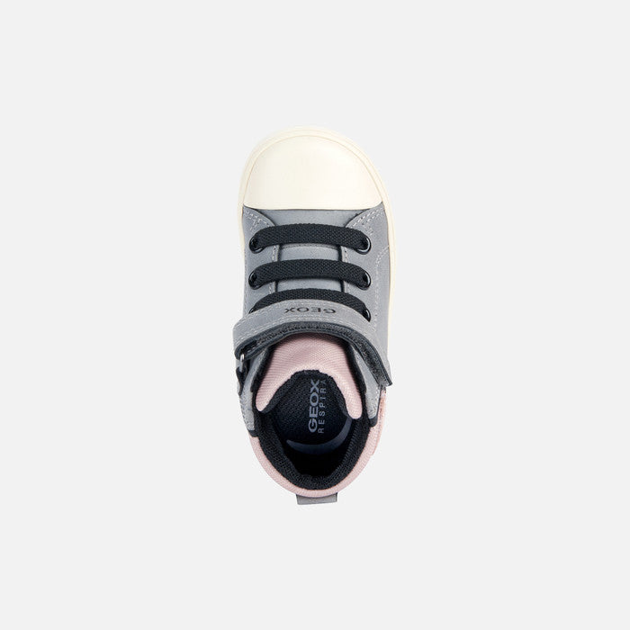 A girls Hi-Top by Geox, style B Gisli G, in grey with pink collar and tongue. Velcro/ bungee lace fastening with cream rubber toe bumper and sole.Above view.