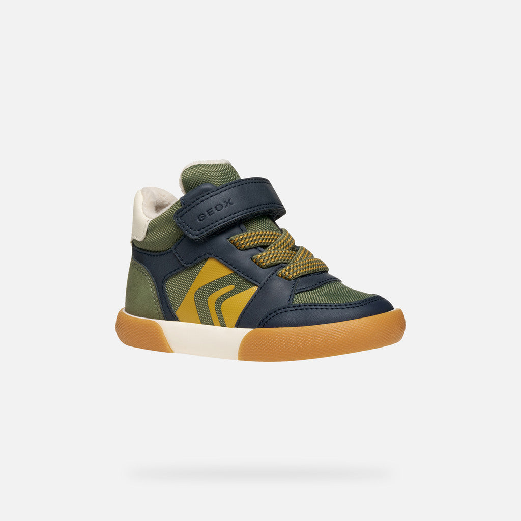 A boys ankle boot by Geox, style Gisli Boy A, in military/navy with velcro strap and green/yellow laces. Angled right side view