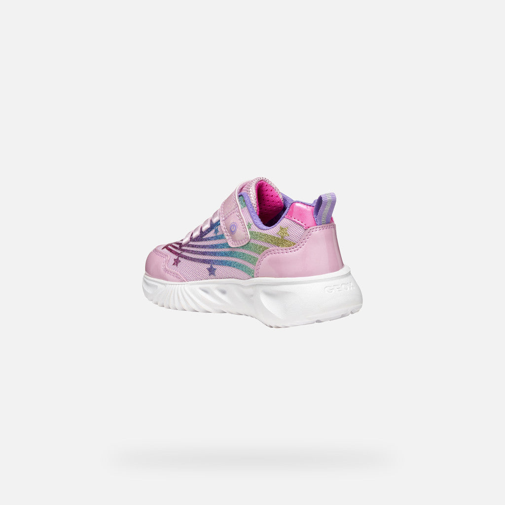 A pink girls trainer by Skechers, style Assister, in pink/multicolour with glittery rainbow and star design, velcro strap and pink laces. Angled inner right view