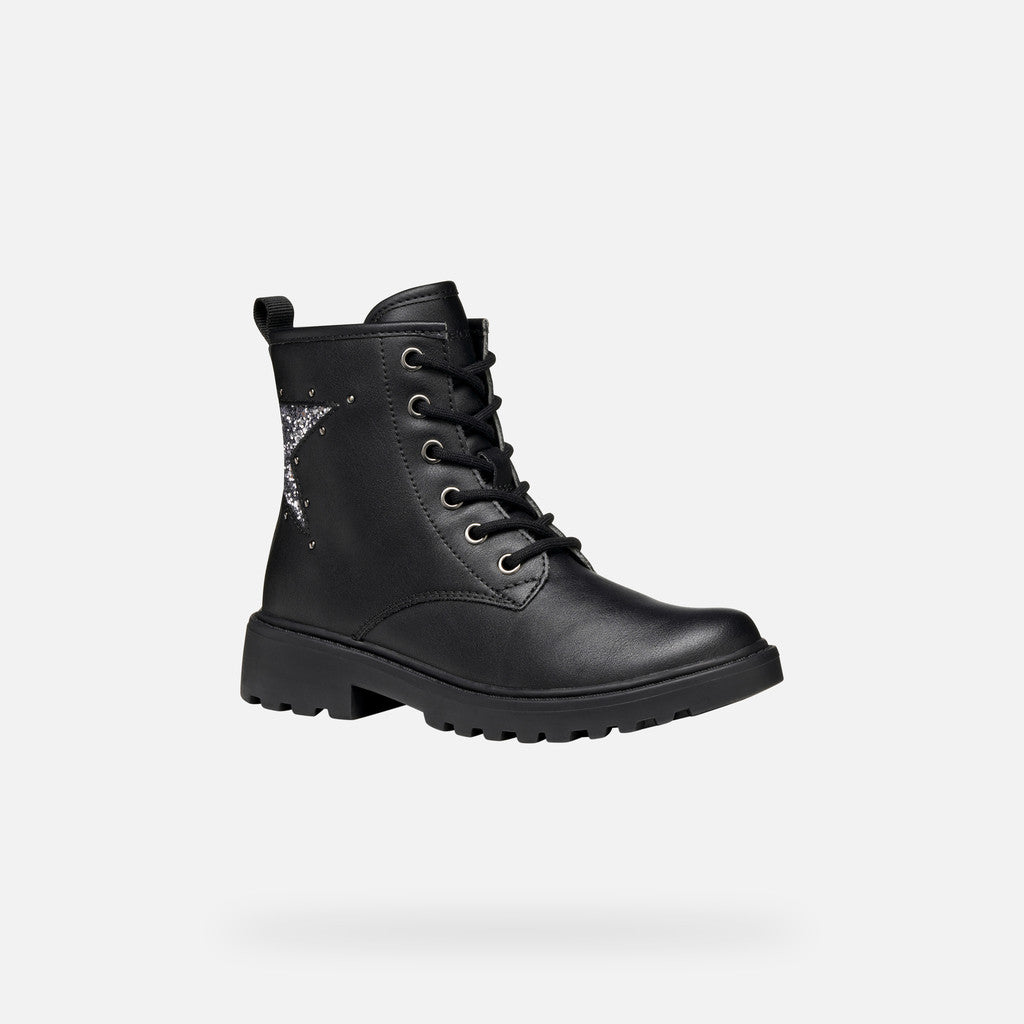 Girls lace up ankle boot by Geox, style Casey Girl in Black/Gun, with sparkly star design on side. Angled side view