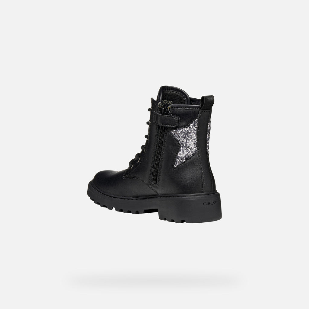 Girls lace up ankle boot by Geox, style Casey Girl in Black/Gun, with sparkly star design on side. Angled back view