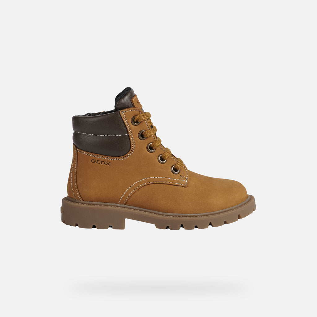 A boys lace up ankle boot by Geox, style Shaylax Boy, in yellow/brown. Right side view