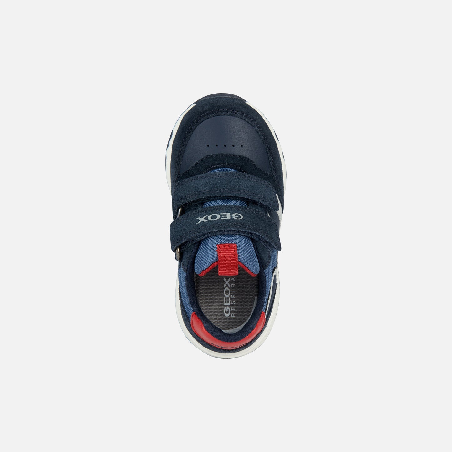 A casual sports trainer by Geox, style B Pyrip Boy, in navy suede/ other material with red heel and tab and light grey star outline on the side. Double velcro fastening. Above view.