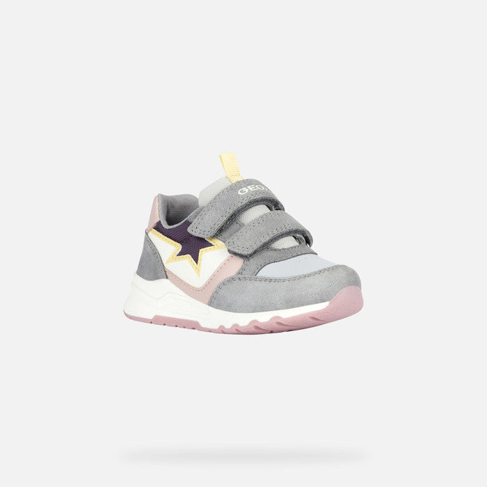 A girls casual trainer by Geox, style B Pyrip Girl, in grey and pink with a purple star on the side. Double velcro fastening. Angled view.