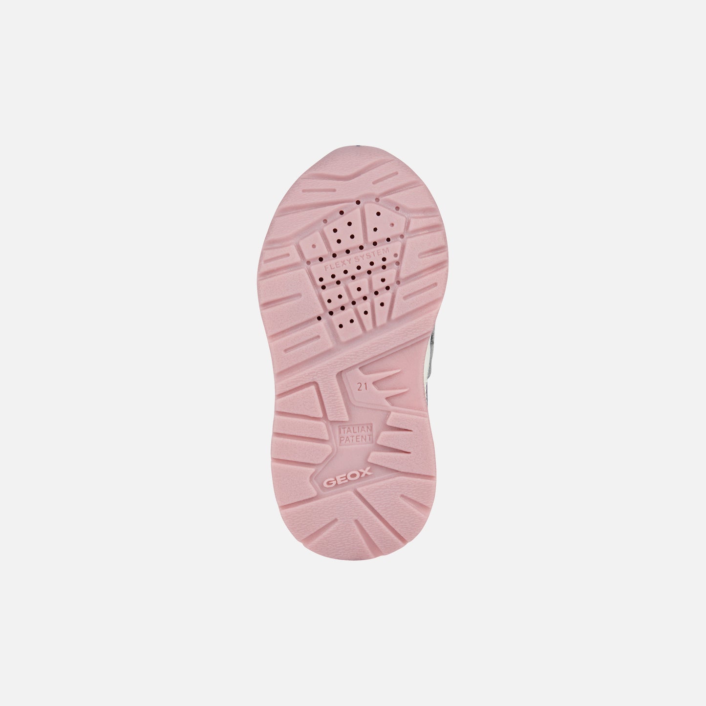A girls casual sports trainer by Geox, style B Pyrip Girl, in grey and pink . Double velcro fastening. View of sole.