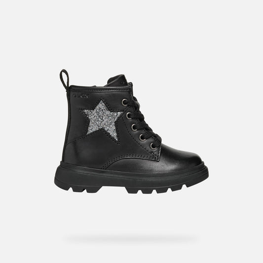 A girls chunky boot by Geox, style B465YA Kiddartah, in black with silver glitter star detail. Zip and lace fastening. Right side view.
