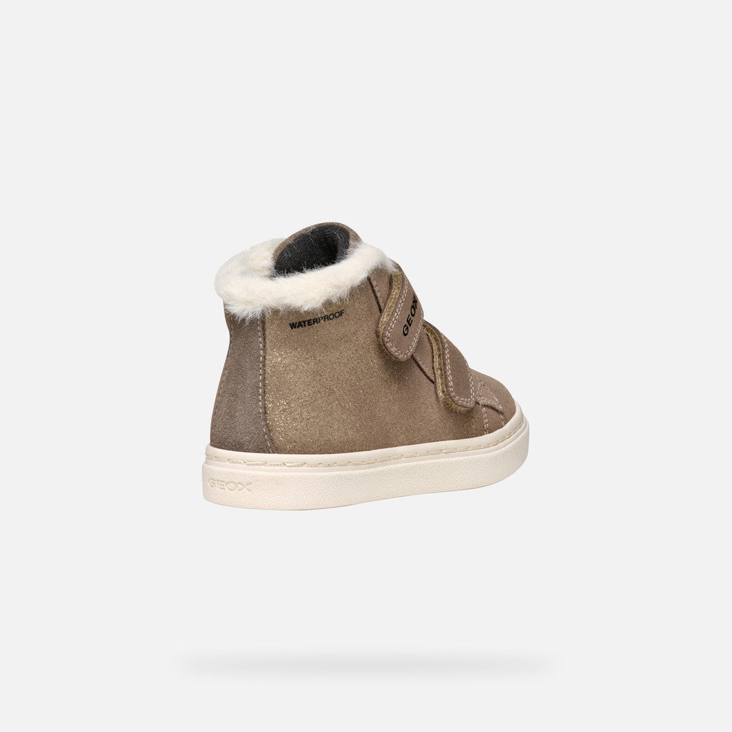 Girls high top trainer by Geox, style Nashik, in Smoke Grey with two velcro straps. Angled inner back view