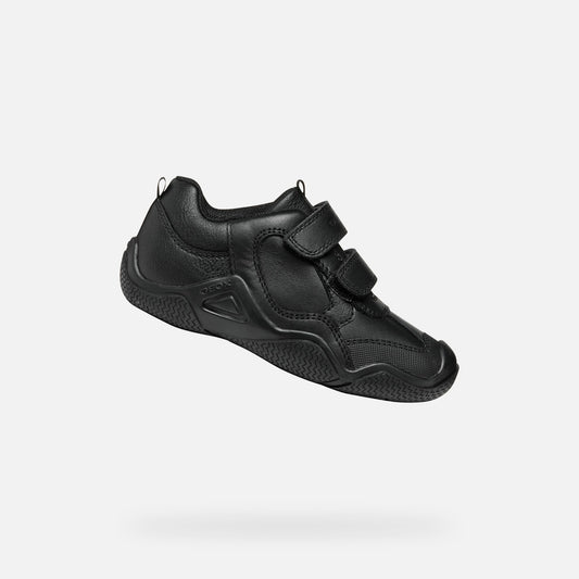 A boys school shoe by Geox, style Wader in black leather with two velcro straps and toe and heel bumpers. Tilted right side view