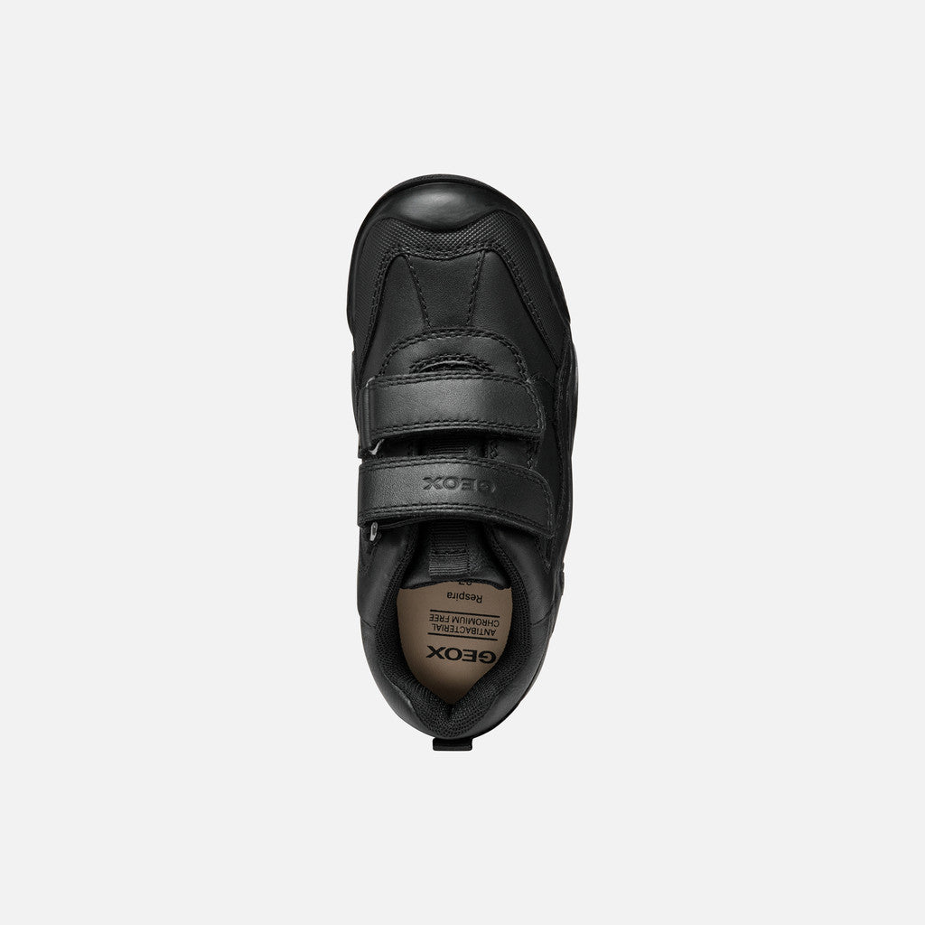 A boys school shoe by Geox, style Wader in black leather with two velcro straps and toe and heel bumpers. Top view