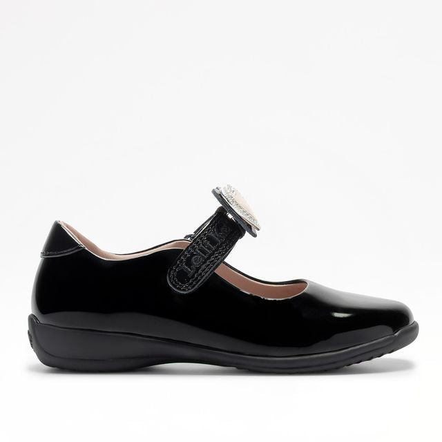 A girls Mary Jane school shoe by Lelli Kelly, style LKSO8467CVR Sabrina, in black patent with detachable heart embellished attachment. Velcro fastening. Right side view.
