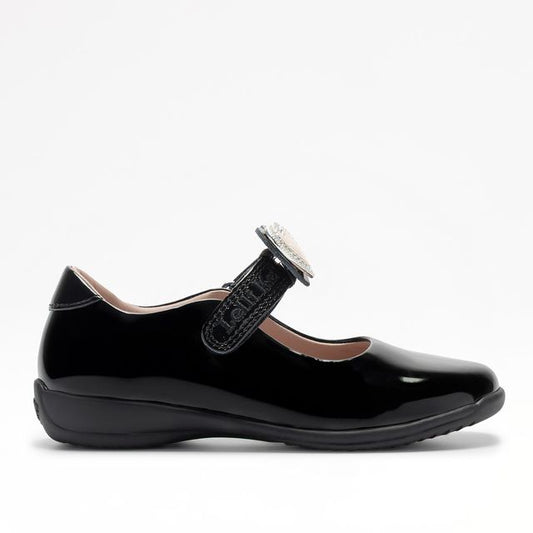A girls Mary Jane school shoe by Lelli Kelly, style LKSO8467CVR Sabrina, in black patent with detachable heart embellished attachment. Velcro fastening. Right side view.