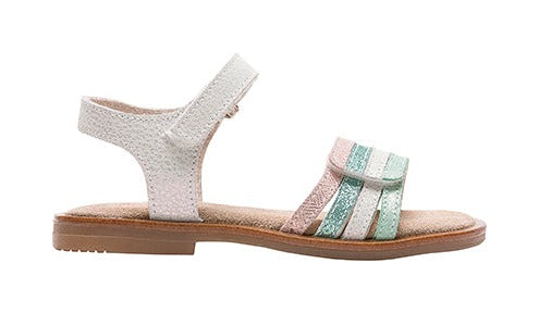 A girls sandal by Bopy, style Espavel, in white multi, with velcro fastening. Right side view.